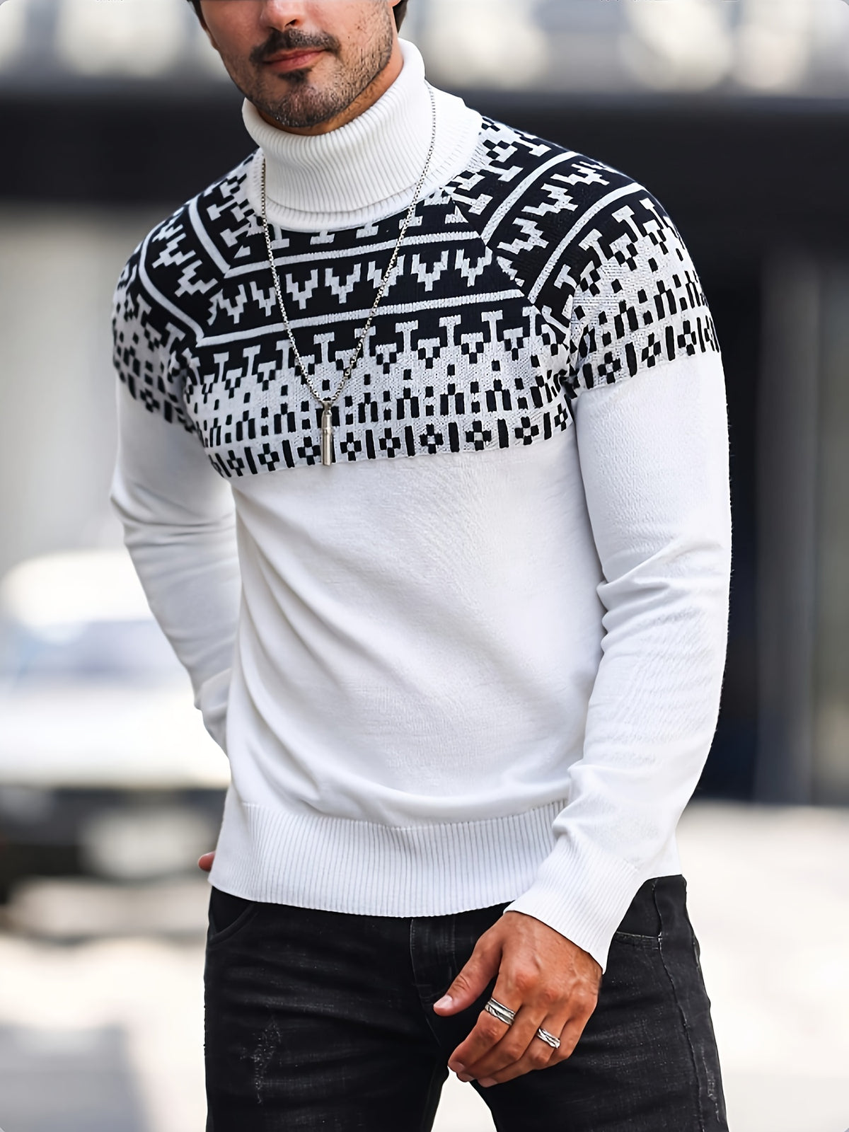 Men’s Geometric Turtleneck Sweater – Casual Knit Pullover for Fall & Winter