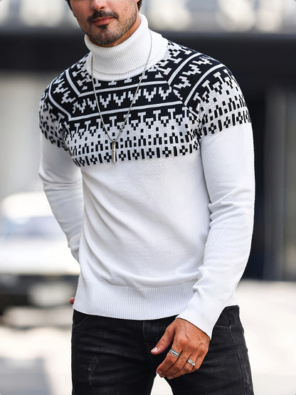 Men’s Geometric Turtleneck Sweater – Casual Knit Pullover for Fall & Winter