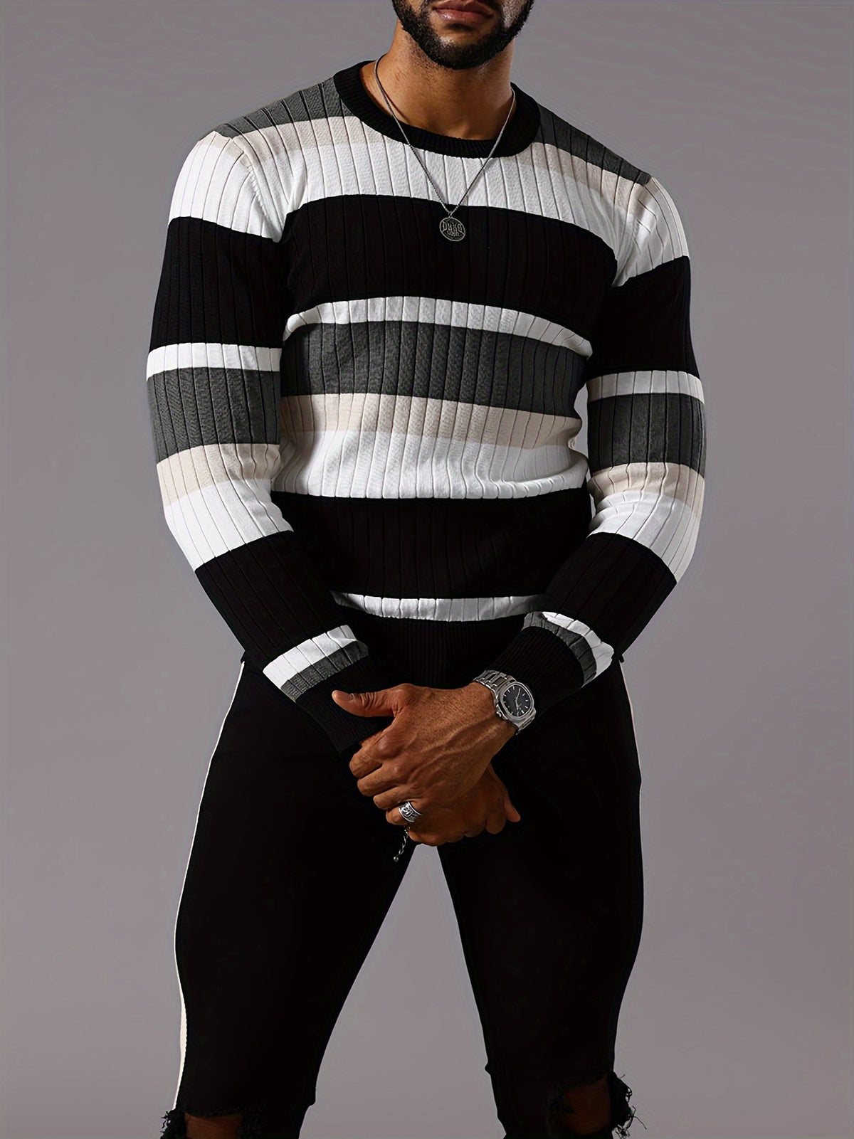 Men’s Striped Ribbed Knit Sweater – Color-Block Fall Winter Pullover