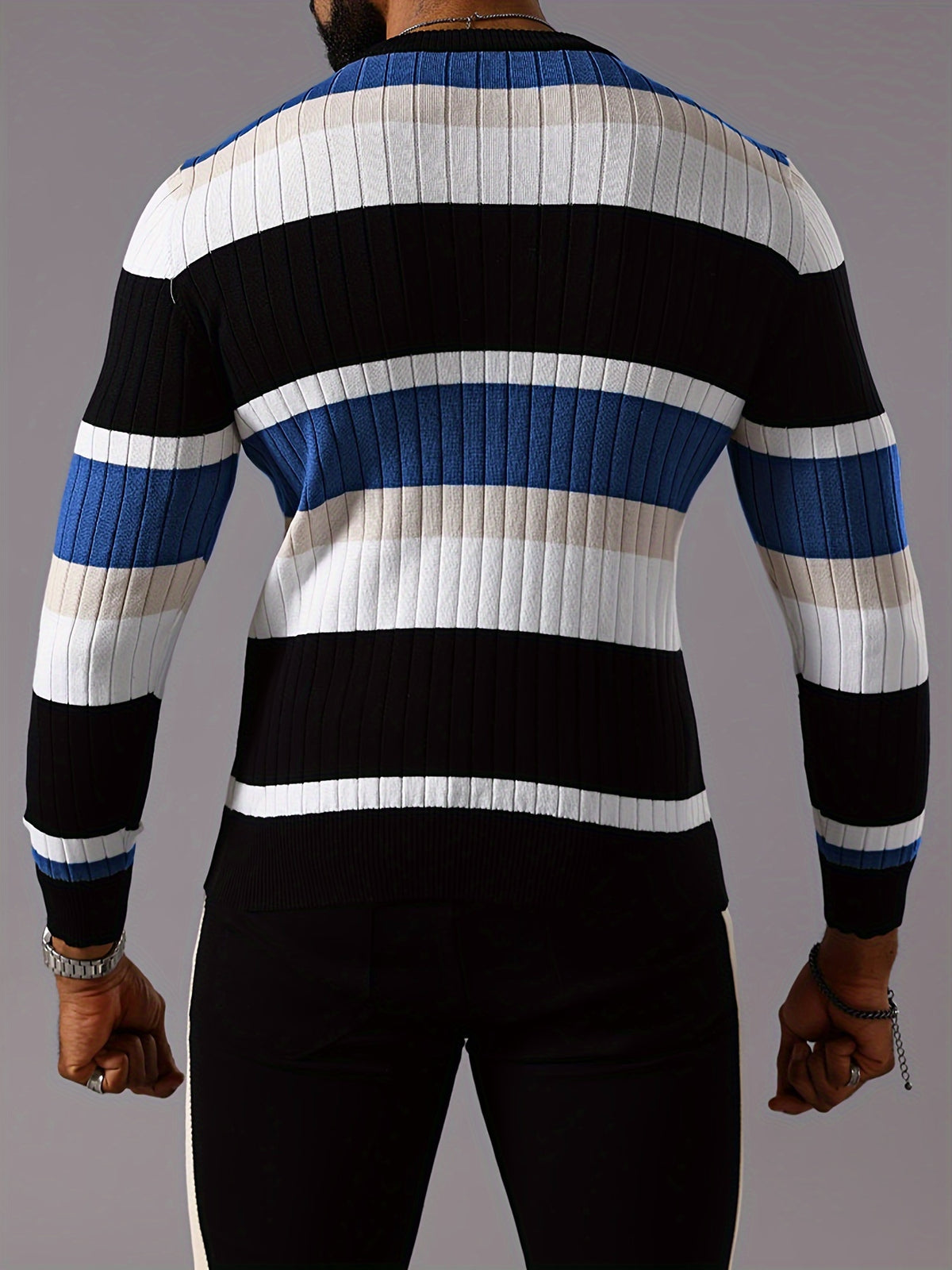 Men’s Striped Ribbed Knit Sweater – Color-Block Fall Winter Pullover