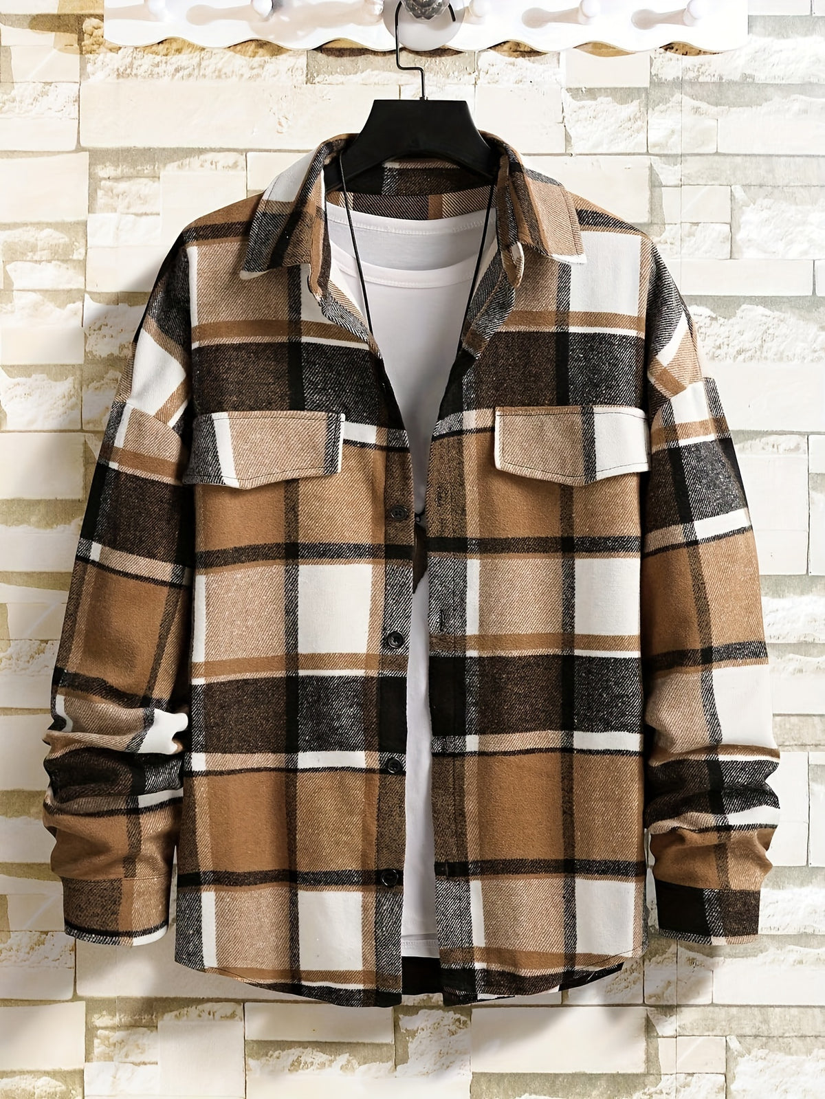 Men’s Vintage Plaid Shirt – Black & White Check Loose Button-Up Top