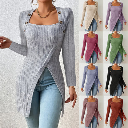 Pull fendu à col carré et épaules dénudées pour femme – Haut en maille élégant