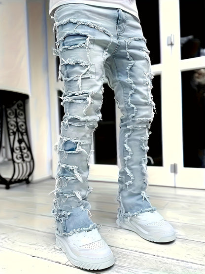 Jean slim homme vieilli – déchirures superposées et patchwork denim urbain