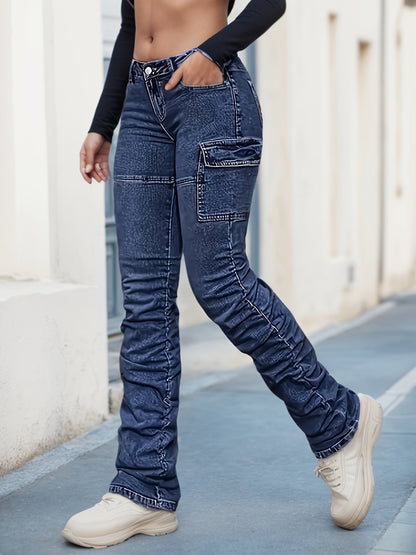 Women’s High Waist Cargo Jeans – Relaxed Blue Denim Straight-Leg Pants