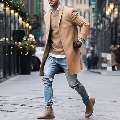 Loom & Soul™ Men’s Fashion Trench Long Jacket – Slim-Fit Solid Overcoat in Khaki & Black