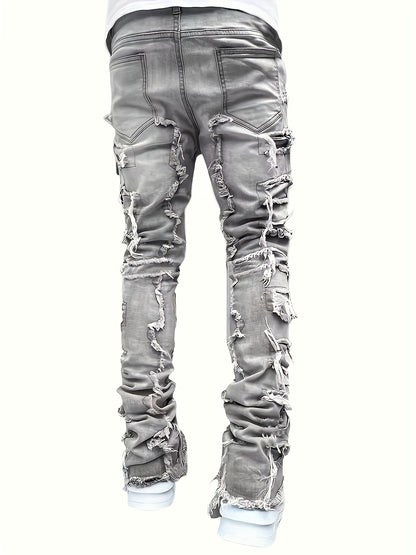Jean slim homme vieilli – déchirures superposées et patchwork denim urbain