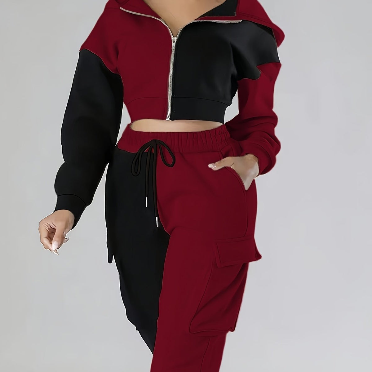 Colorblock Hooded Jacket & Cargo Pants Set – Women’s Zip-Up Two-Piece