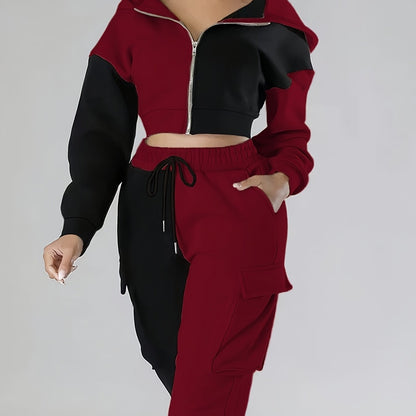 Colorblock Hooded Jacket & Cargo Pants Set – Women’s Zip-Up Two-Piece