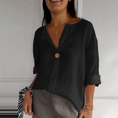 Haut boutonnée en coton et lin à col en V pour femme Loom & Soul™ – Blouse ample à manches longues