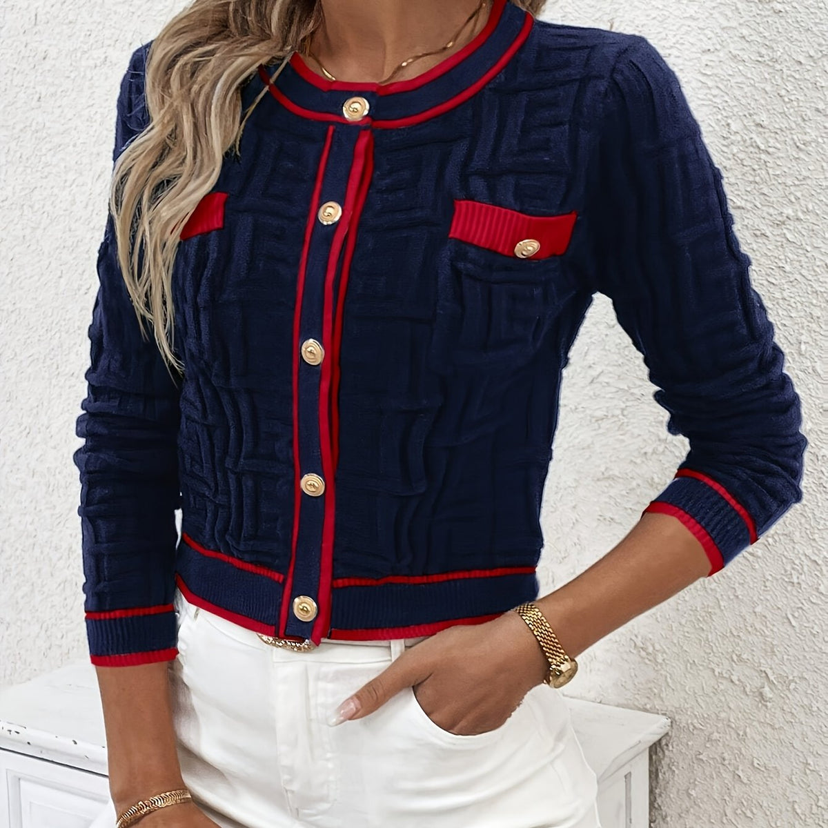 Cardigan rayé coupe ajustée – Pull élégant en maille très extensible pour le printemps et l'automne