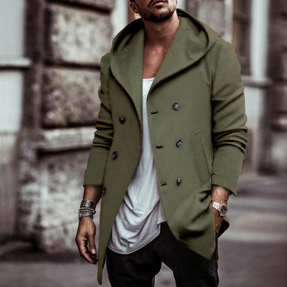 Men’s Hooded Double-Breasted Trench Coat – Mid-Length Loose Fit
