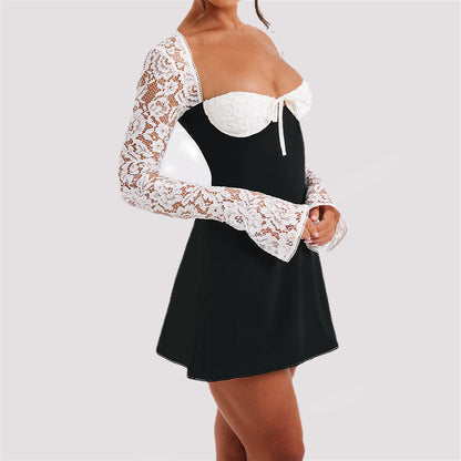 Loom & Soul™ Vestido Corsé de Encaje Y2K – Vestido Corto de Mujer con Manga Larga sin Espalda y con Cordones