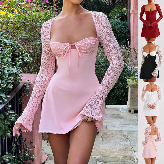 Loom & Soul™ Y2K Lace Corset Dress – Women’s Long Sleeve Backless Lace-Up Short Dress