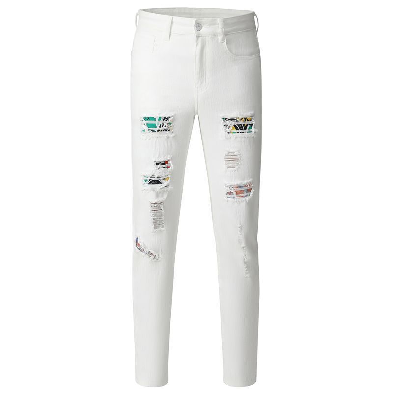 Loom & Soul™ Jeans Lavados con Parches – Pantalones de Mezclilla Blancos Ajustados para Hombre
