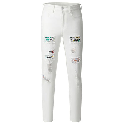 Loom & Soul™ Jeans Lavados con Parches – Pantalones de Mezclilla Blancos Ajustados para Hombre