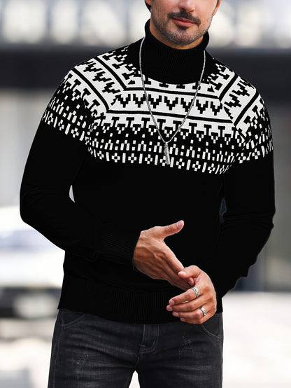 Men’s Geometric Turtleneck Sweater – Casual Knit Pullover for Fall & Winter
