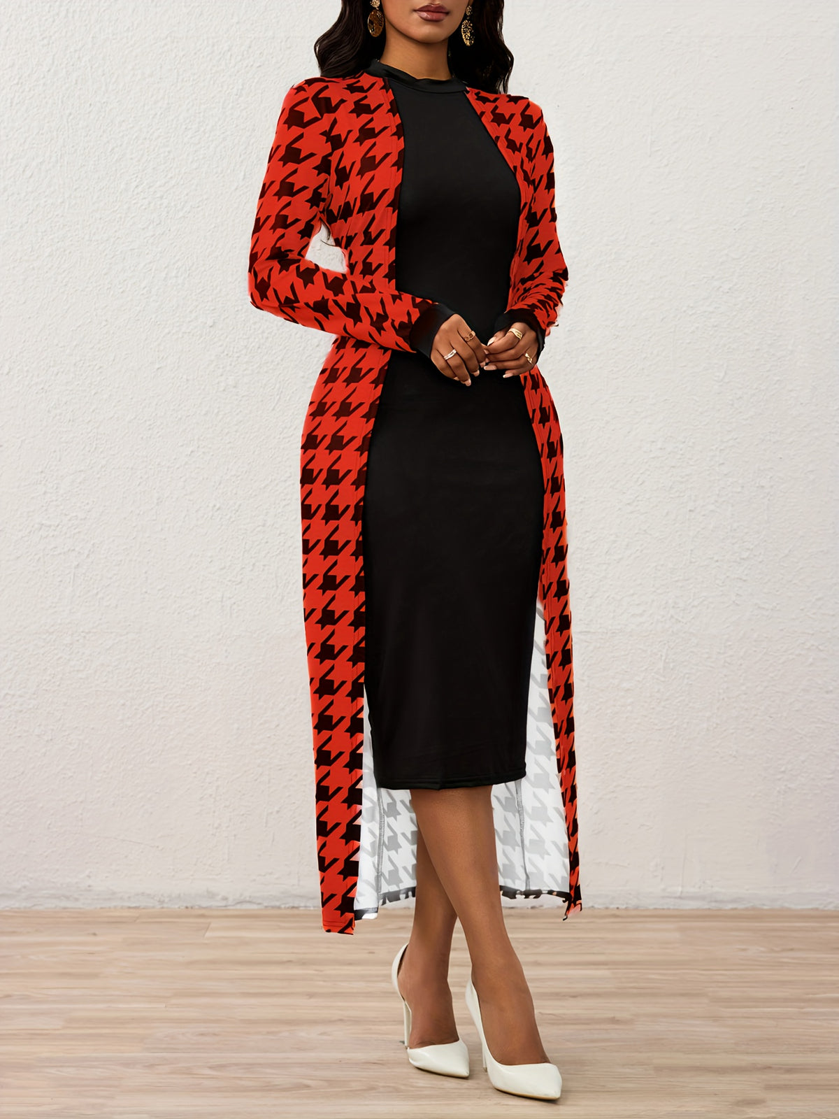 Robe moulante à col montant en pied-de-poule – Robe élégante à manches longues en tricot