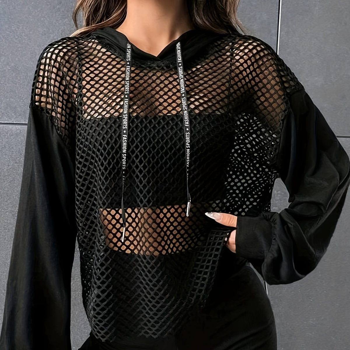 T-shirt à manches longues à capuche en maille Y2K – Haut de rue transparent contrastant pour femme