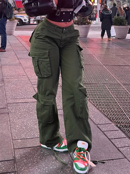 Pantalones cargo retro Y2K para mujer – Cintura alta, pierna ancha, estilo urbano