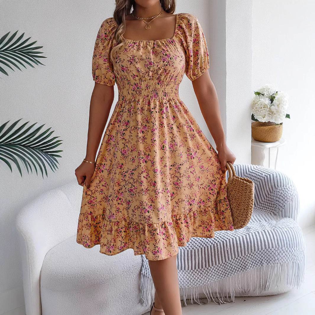 Loom & Soul™ Floral Ruffle Dress – Square Neck Summer Short Sleeve Dress for Women