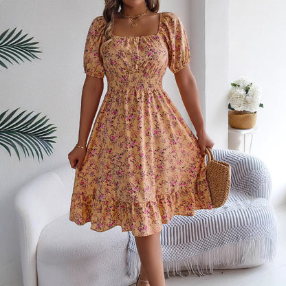 Loom & Soul™ Floral Ruffle Dress – Square Neck Summer Short Sleeve Dress for Women