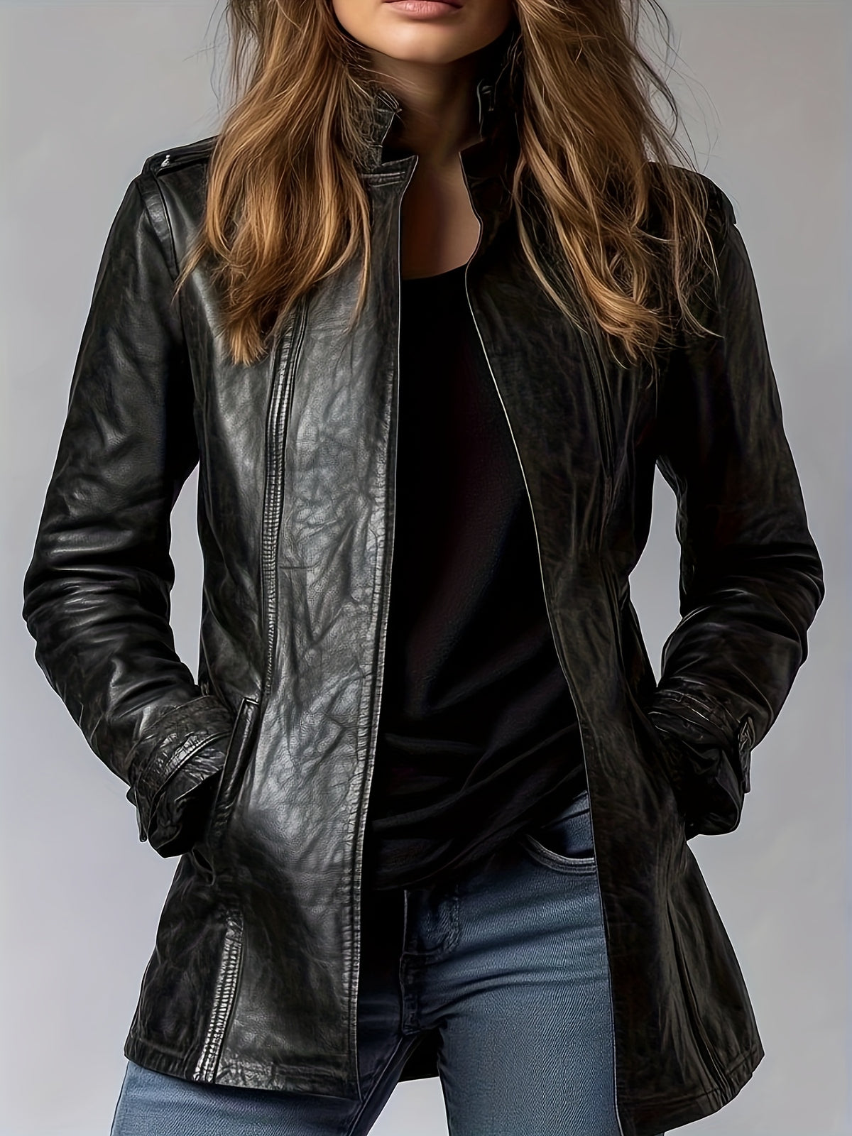 Blouson moto en cuir PU pour femme – Veste zippée style rétro à col montant