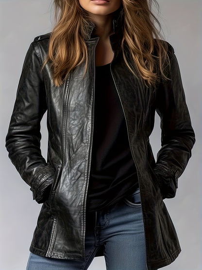 Blouson moto en cuir PU pour femme – Veste zippée style rétro à col montant