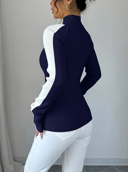 Women’s Color Block Turtleneck Sweater – Elegant Soft Knit Top