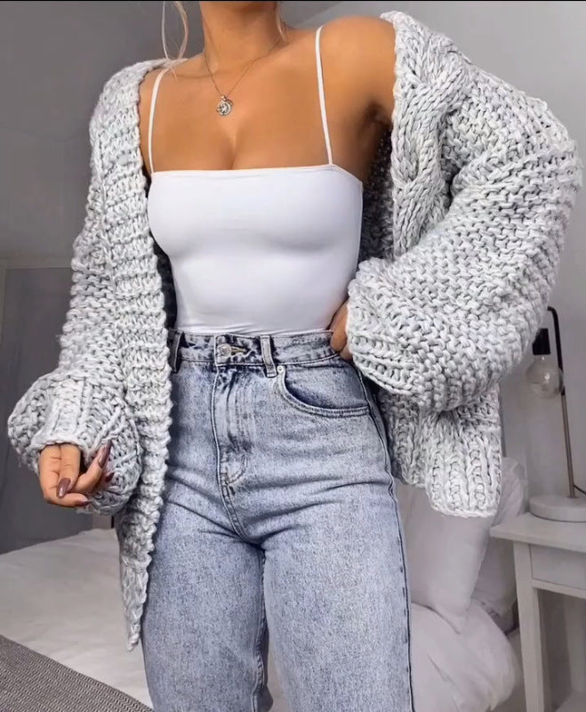 Cardigan en fausse maille mohair pour femme – Manteau pull d'hiver chaud et ample