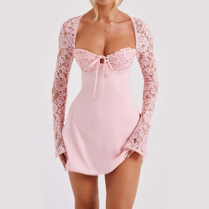 Loom & Soul™ Vestido Corsé de Encaje Y2K – Vestido Corto de Mujer con Manga Larga sin Espalda y con Cordones
