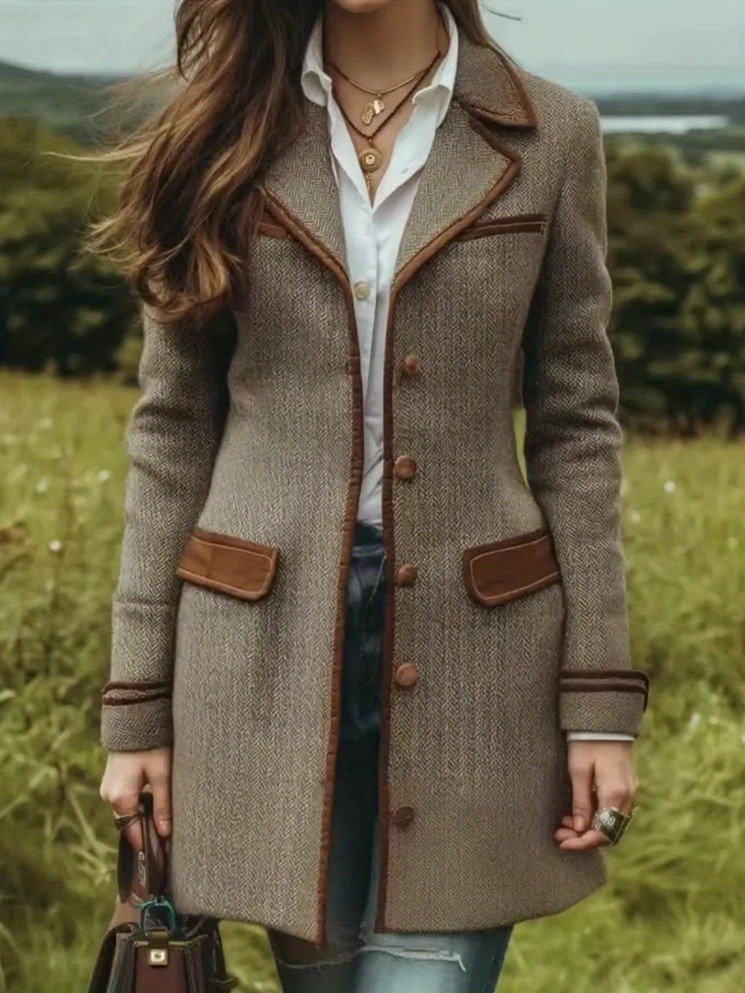 Manteau à chevrons marron – Veste élégante mi-longue ceinturée