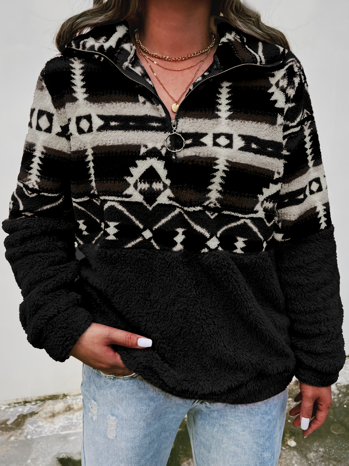 Sweat-shirt Teddy à motif géométrique – Pull polaire demi-zippé pour l'automne et l'hiver