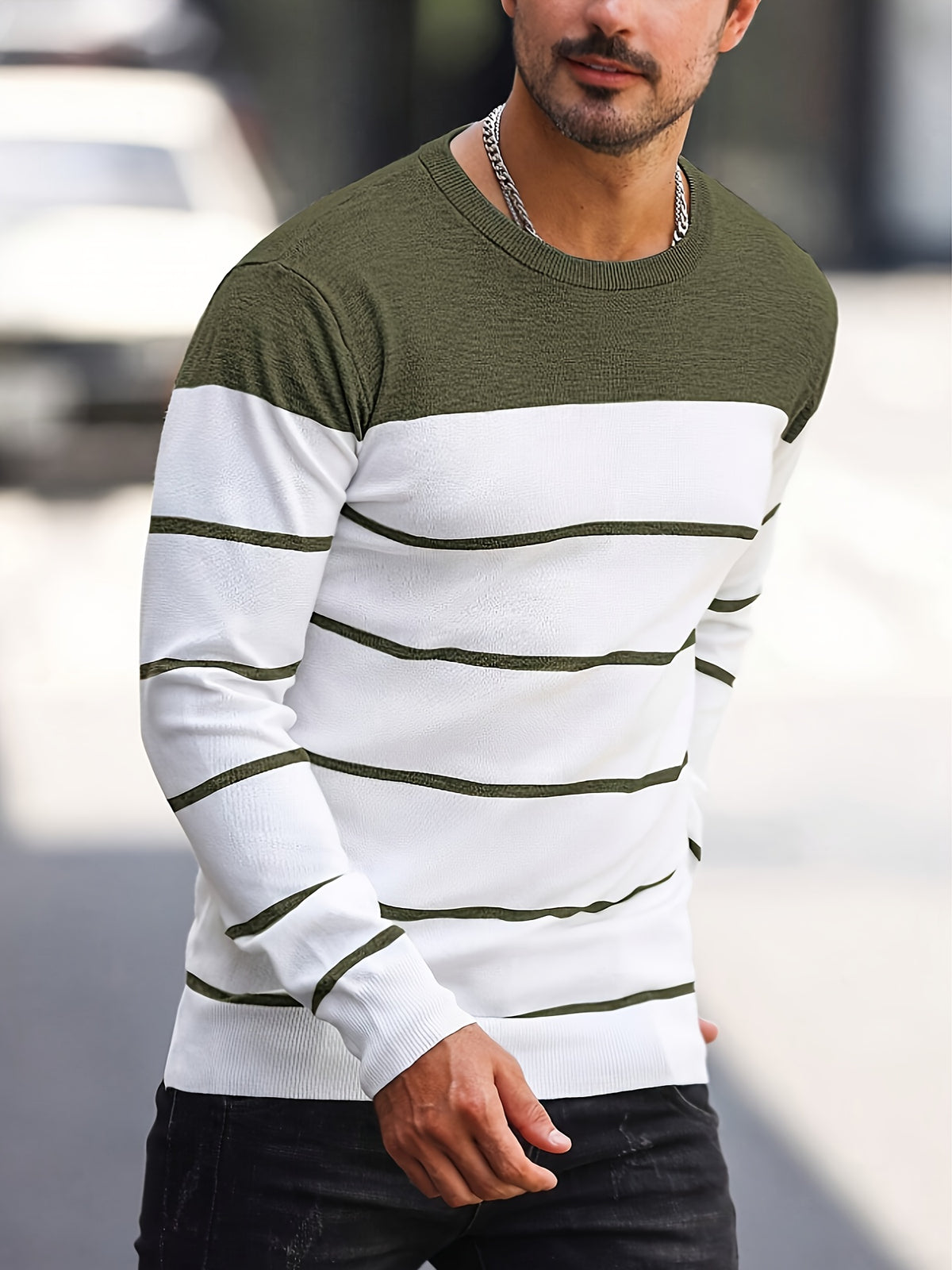 Men’s Navy Striped Knit Sweater – Casual Crew Neck Pullover