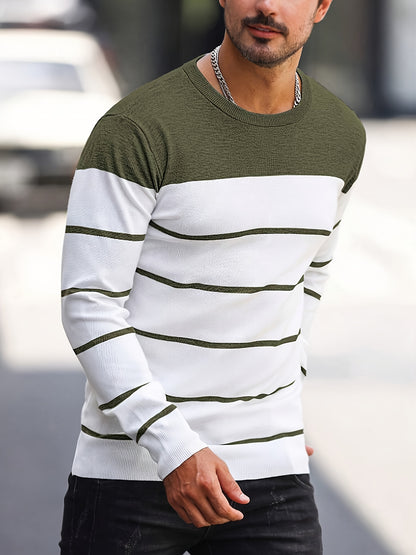 Men’s Navy Striped Knit Sweater – Casual Crew Neck Pullover