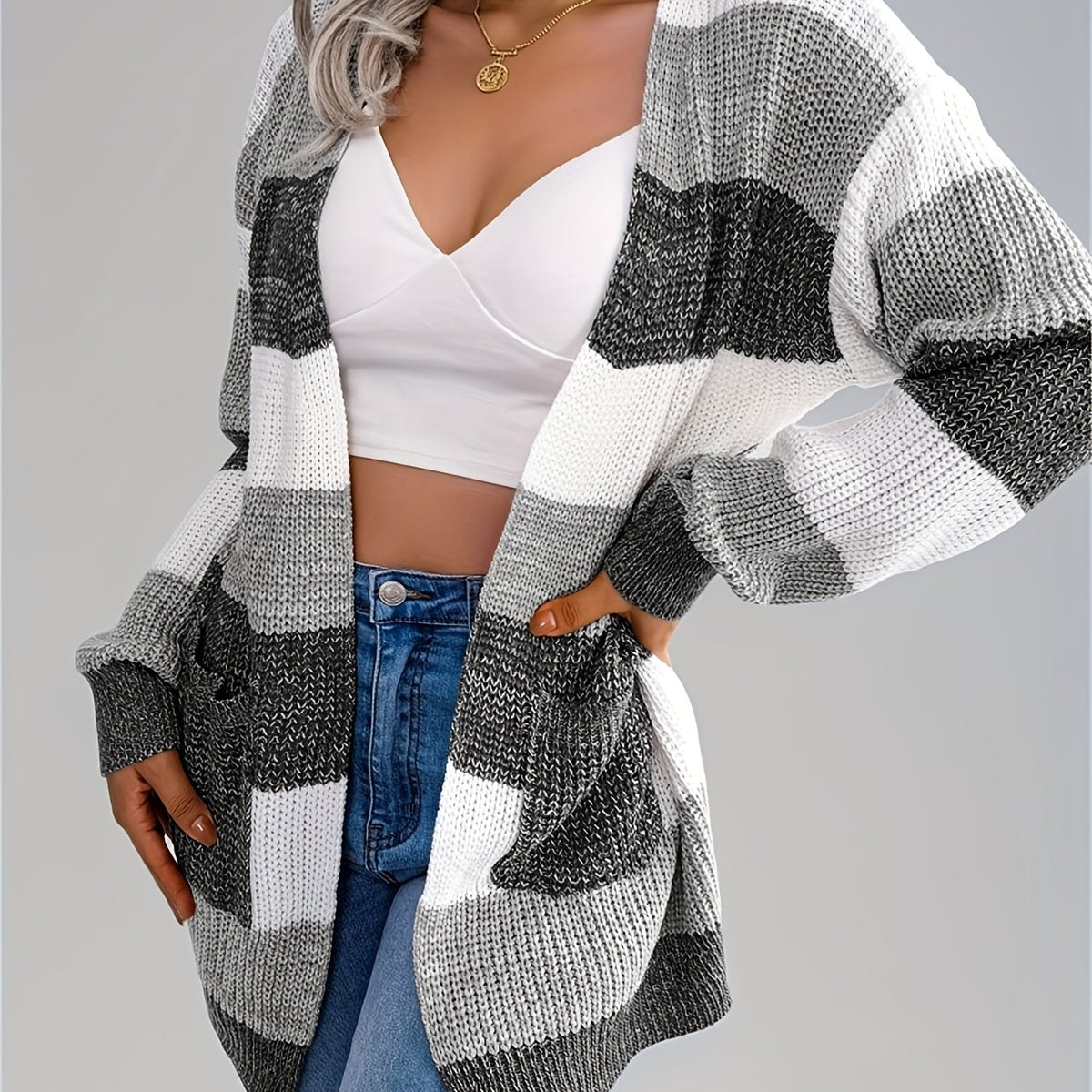 Cárdigan a rayas con bloques de color para mujer – Suéter de punto de invierno con mangas abullonadas