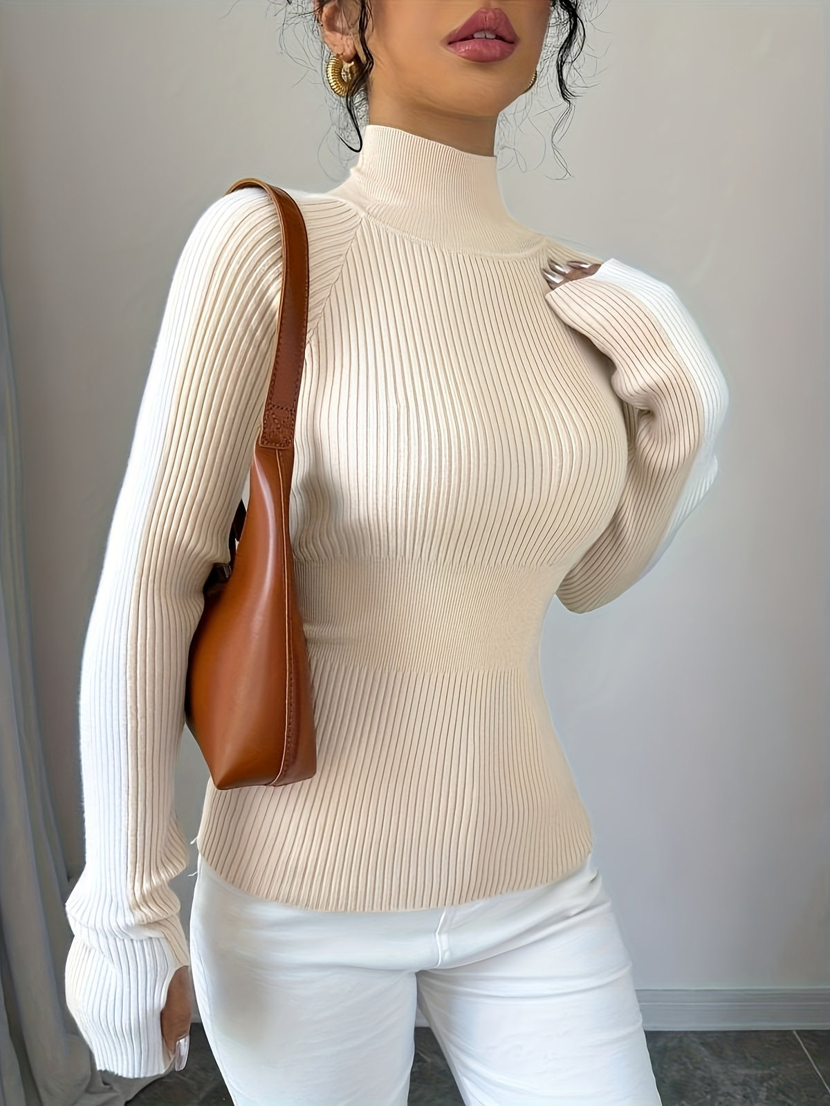 Women’s Color Block Turtleneck Sweater – Elegant Soft Knit Top