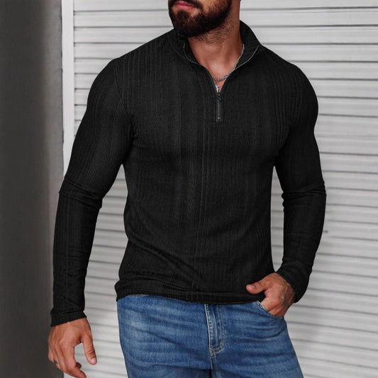 Men’s Stand Collar Ribbed Hoodie – Slim Fit Thickened Pullover