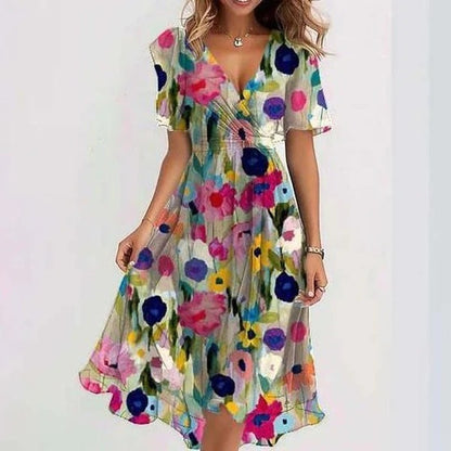 Loom & Soul™ Chiffon Floral Dress – Women’s Elegant V-Neck Short Sleeve Summer Midi Dress