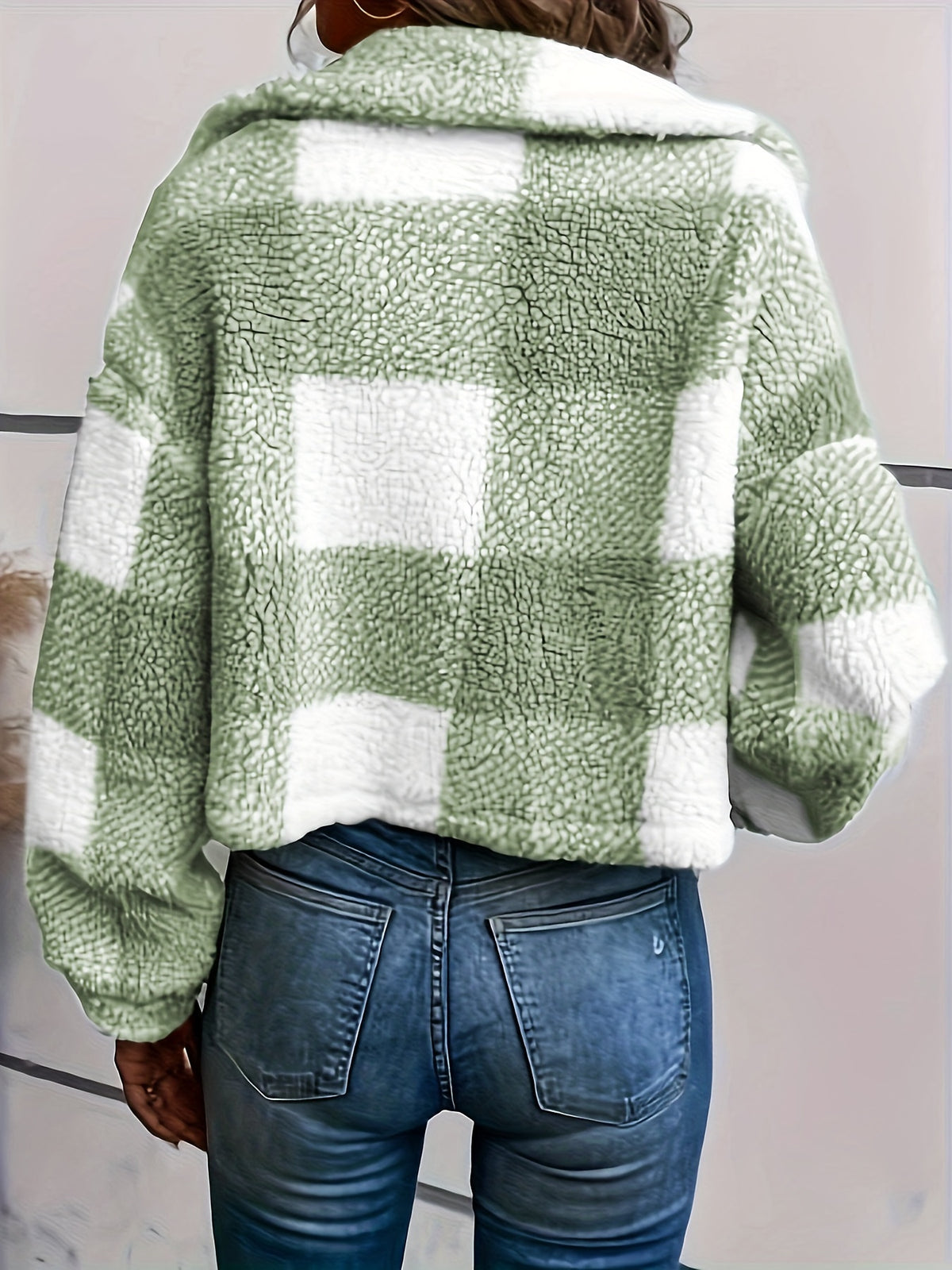 Manteau d'hiver en peluche à carreaux pour femme – Chaud, boutonné, manches longues