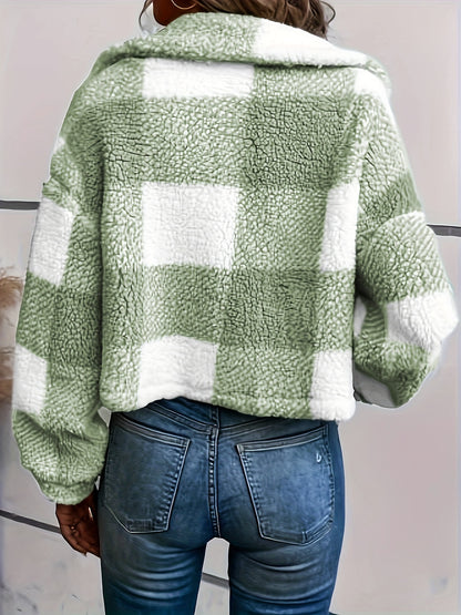 Manteau d'hiver en peluche à carreaux pour femme – Chaud, boutonné, manches longues