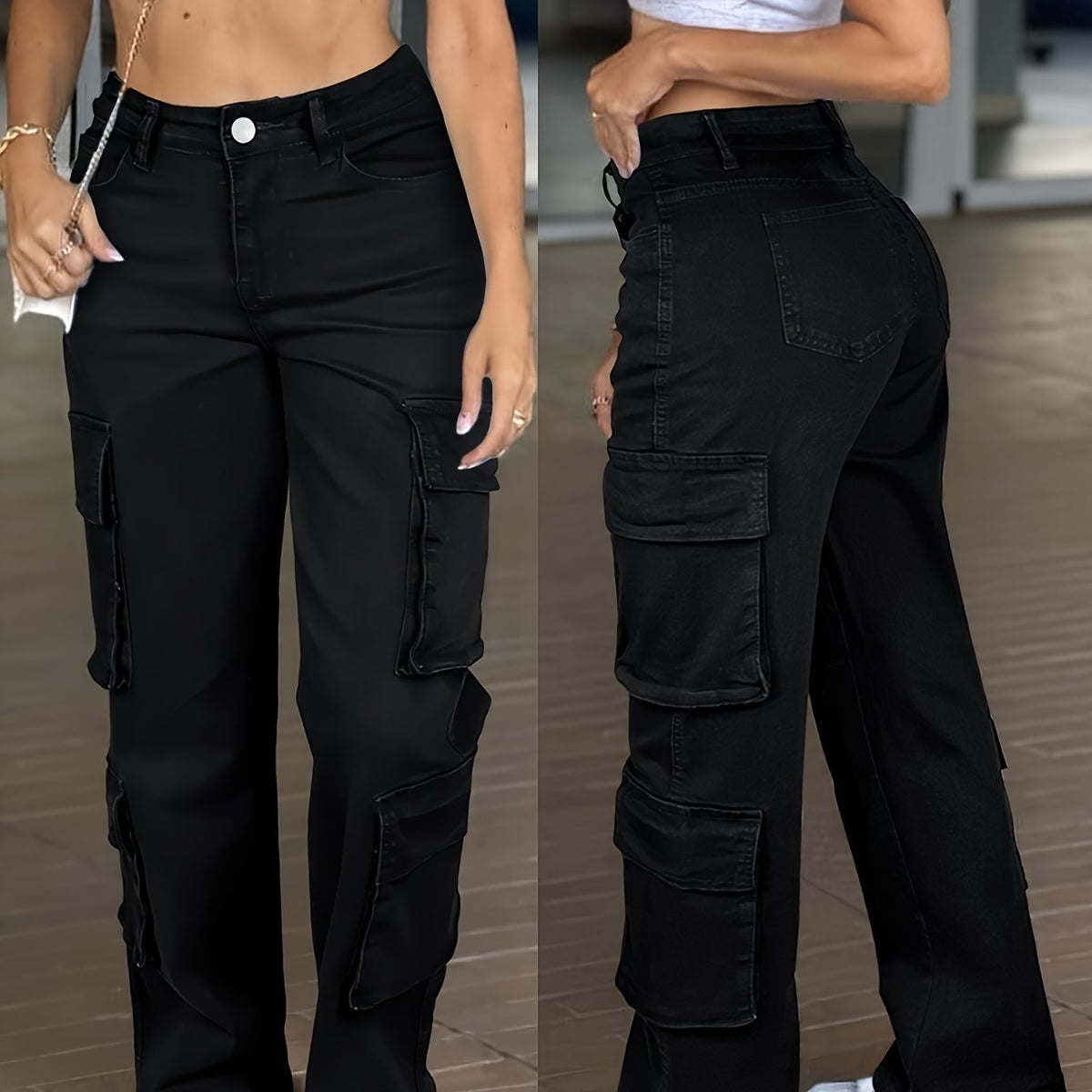 Jean cargo taille haute pour femme – Pantalon en jean multipoches style workwear