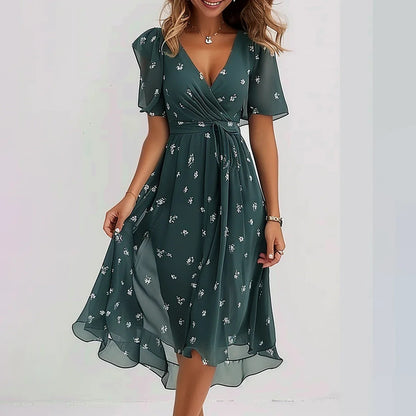 Loom & Soul™ Chiffon Floral Dress – Women’s Elegant V-Neck Short Sleeve Summer Midi Dress