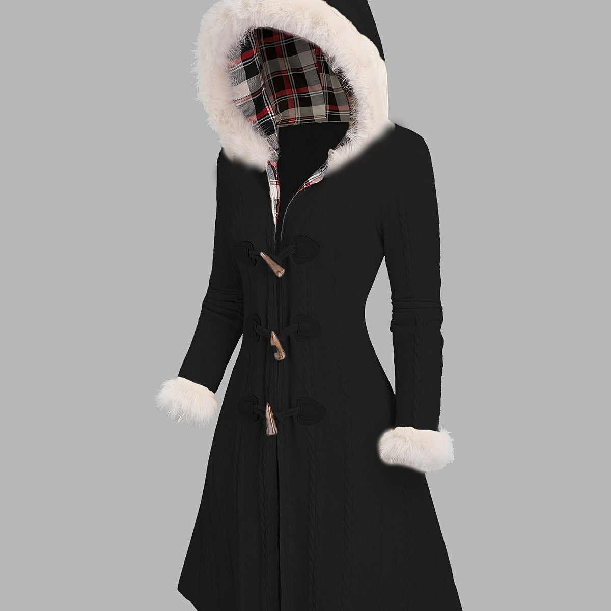 Manteau à capuche écossais Y2K pour femme – Veste longue d'hiver patchwork rouge et blanc
