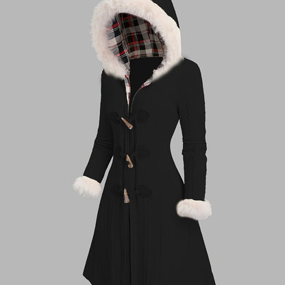 Manteau à capuche écossais Y2K pour femme – Veste longue d'hiver patchwork rouge et blanc