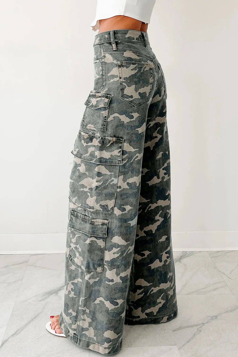 Women’s Camo Denim Cargo Pants – Wide Leg Utility Jeans