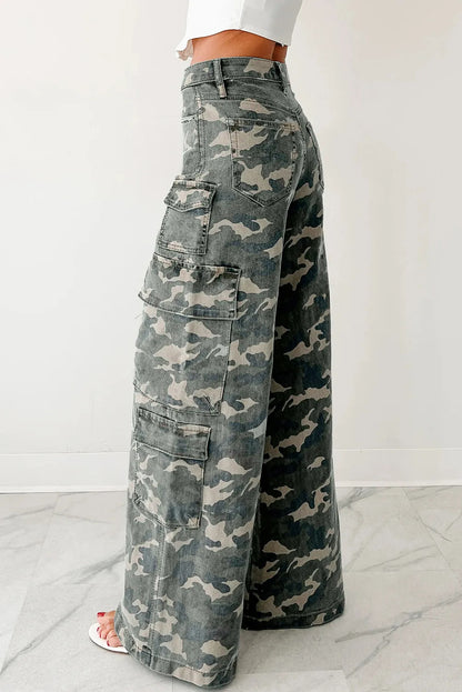 Women’s Camo Denim Cargo Pants – Wide Leg Utility Jeans