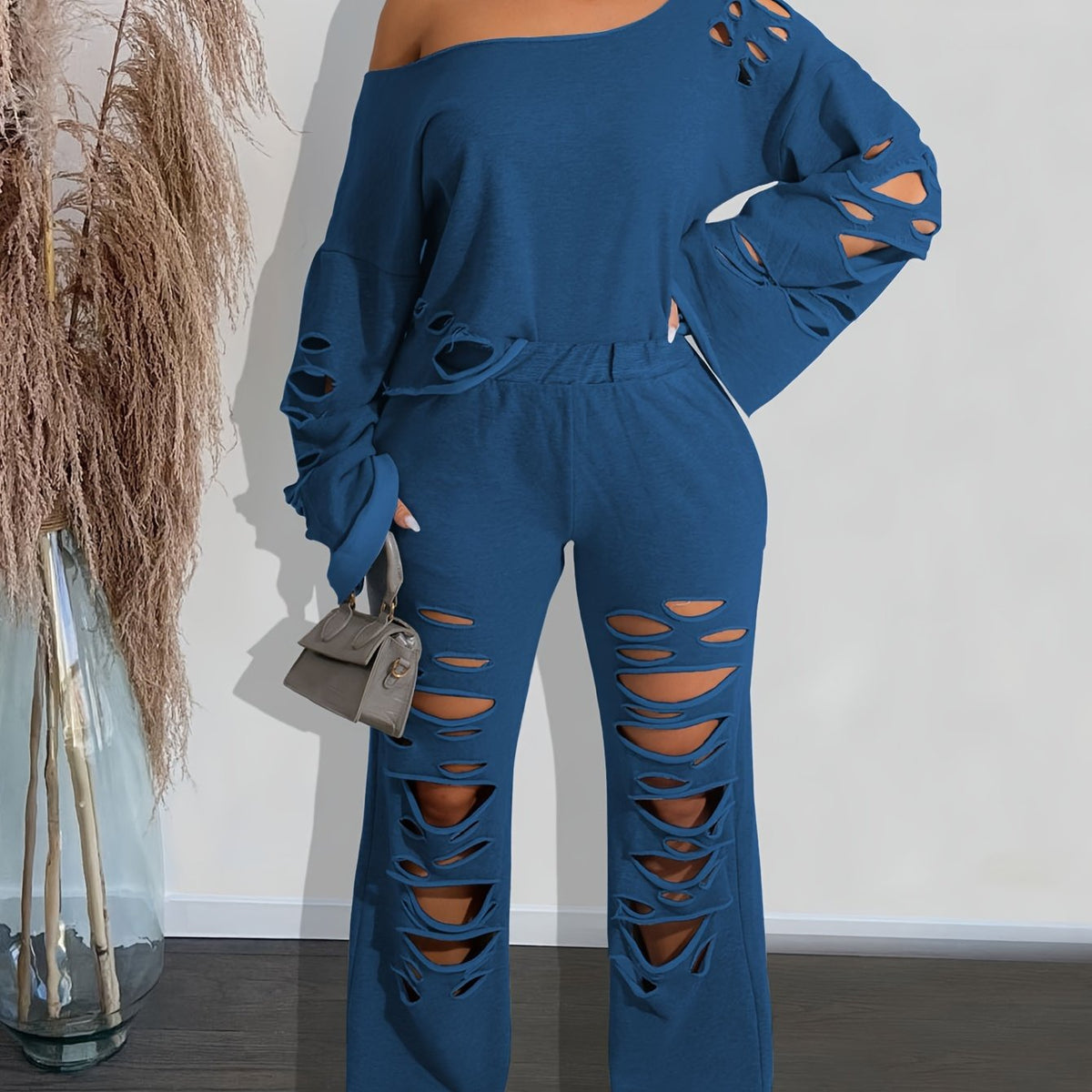 Conjunto de 2 piezas para mujer, hombros descubiertos, efecto envejecido – Top de manga larga y pantalón rasgado