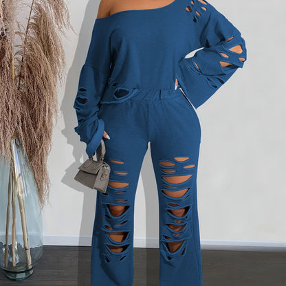 Conjunto de 2 piezas para mujer, hombros descubiertos, efecto envejecido – Top de manga larga y pantalón rasgado