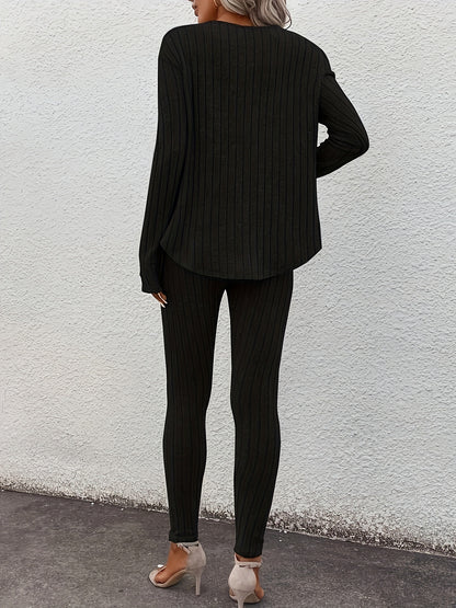 Ensemble pantalon et haut côtelé moulant à manches longues et col en V pour femme