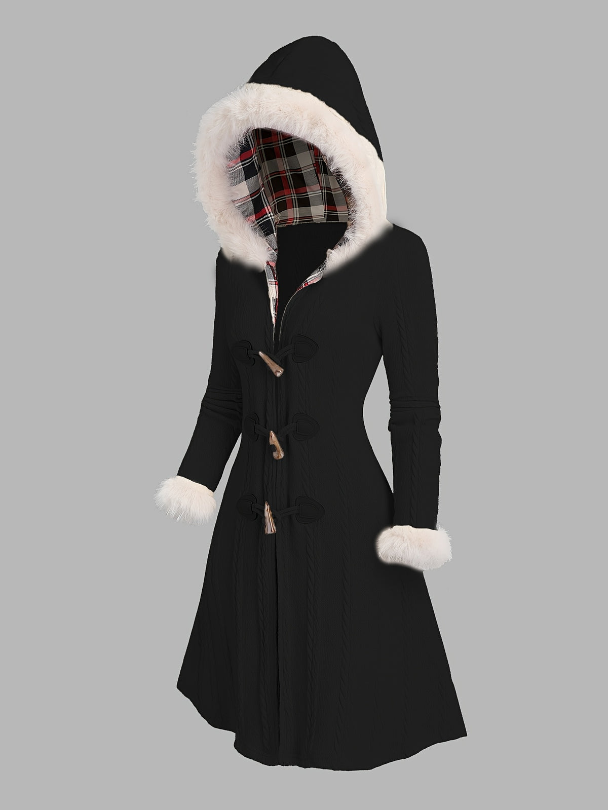 Manteau à capuche écossais Y2K pour femme – Veste longue d'hiver patchwork rouge et blanc